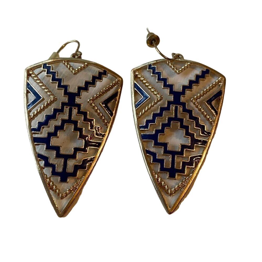 Gold and Navy enamel Art‎ Deco shield earrings